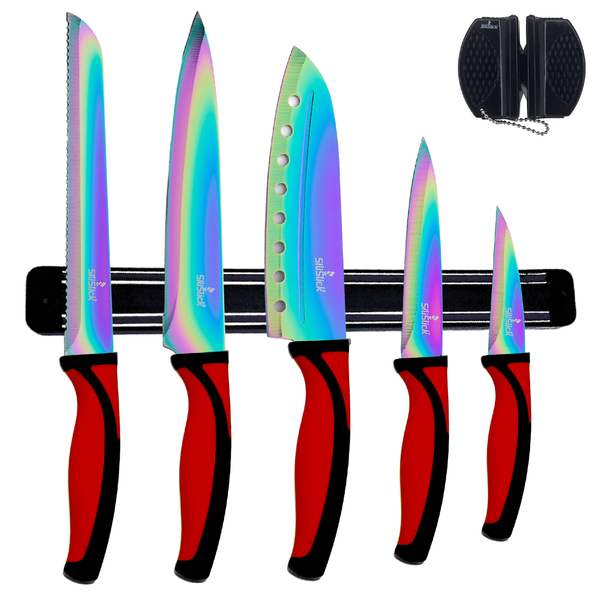Kitchen Knife Set Kit | Red Handle & Black Magnetic Rack